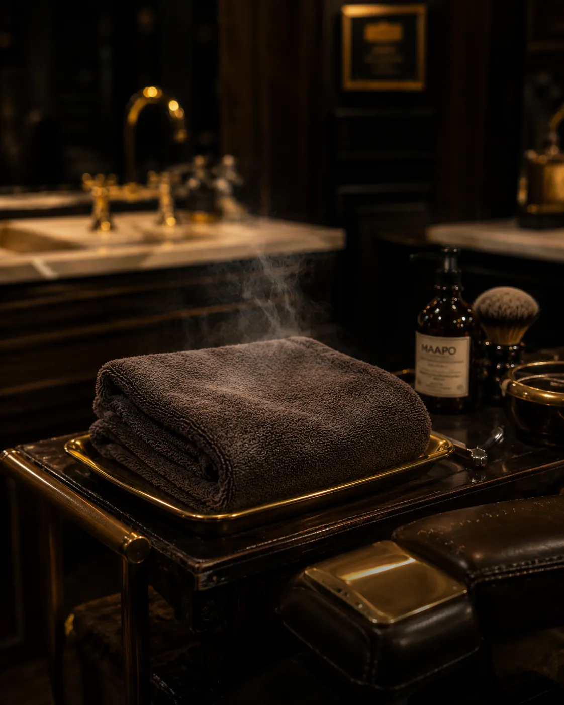 A folded hot towel on a brass tray, steam rising beside the basin
